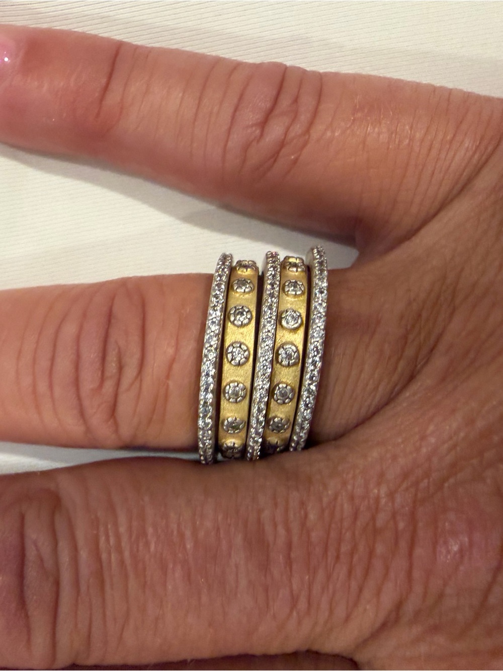 Frieda Rothman Stackable Ring Set – 5 Rings Mixed Metal Crystal Bands - Size 8 - Picture 3 of 4